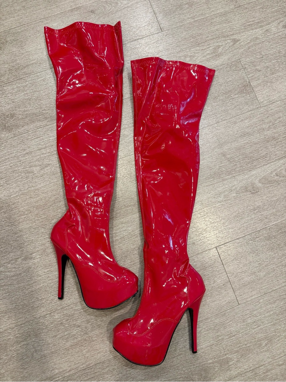 Pleaser Teeze-3000 Red Patent Thigh High Platform Boots